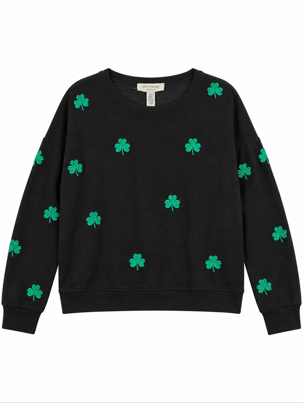 Cable And Gauge Black Crewneck Sweater with Green Shamrock Embroidery